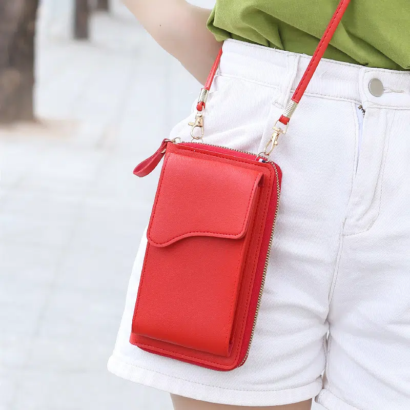 Petite sacoche en cuir PU rouge avec bandoulière style portefeuille pour femme