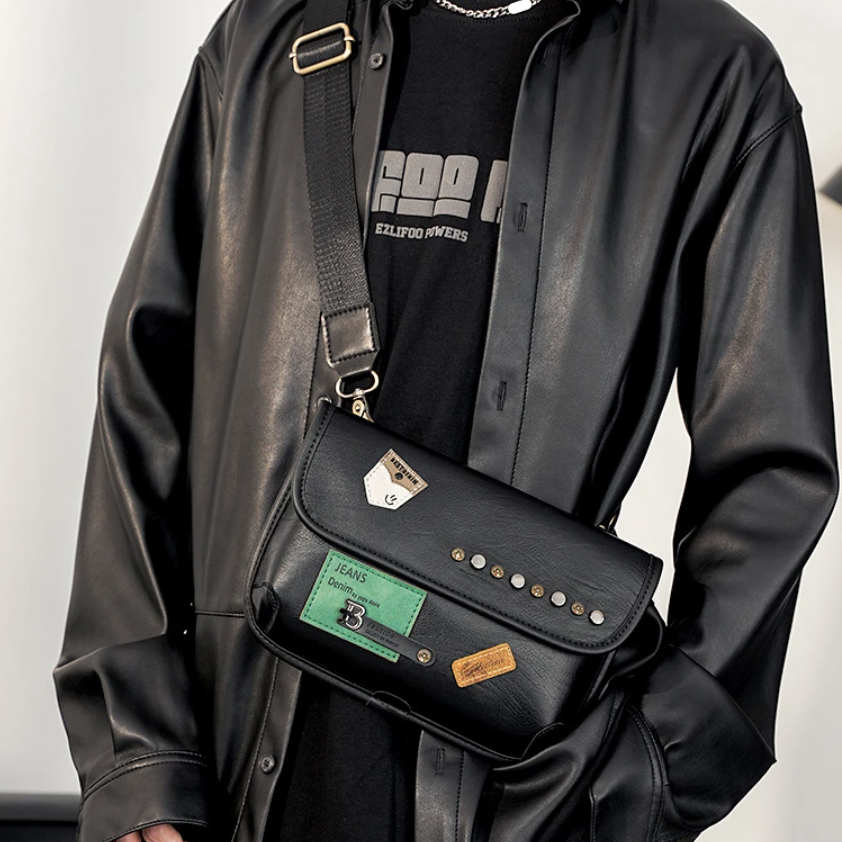 Sacoche bandoulière en cuir PU noir à motifs style messenger pour homme