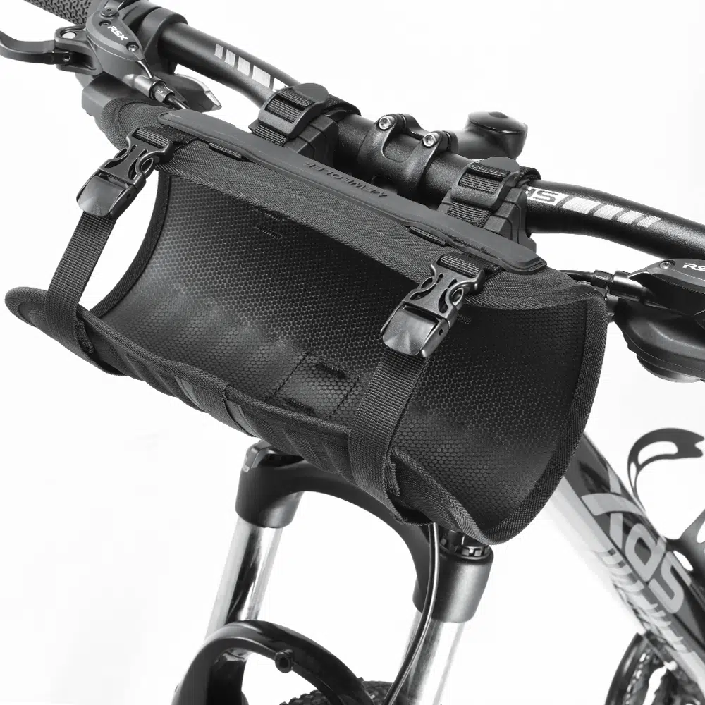 Sacoche de guidon bikepacking étanche noire avec son support