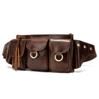 Sacoche banane multi-poches en cuir marron véritable pour homme