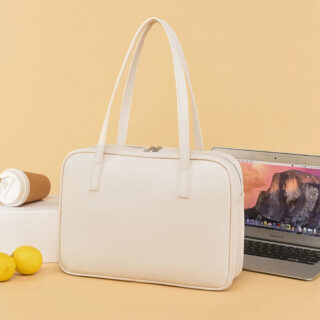 Sacoche ordinateur 14 pouces en cuir PU beige pour femme